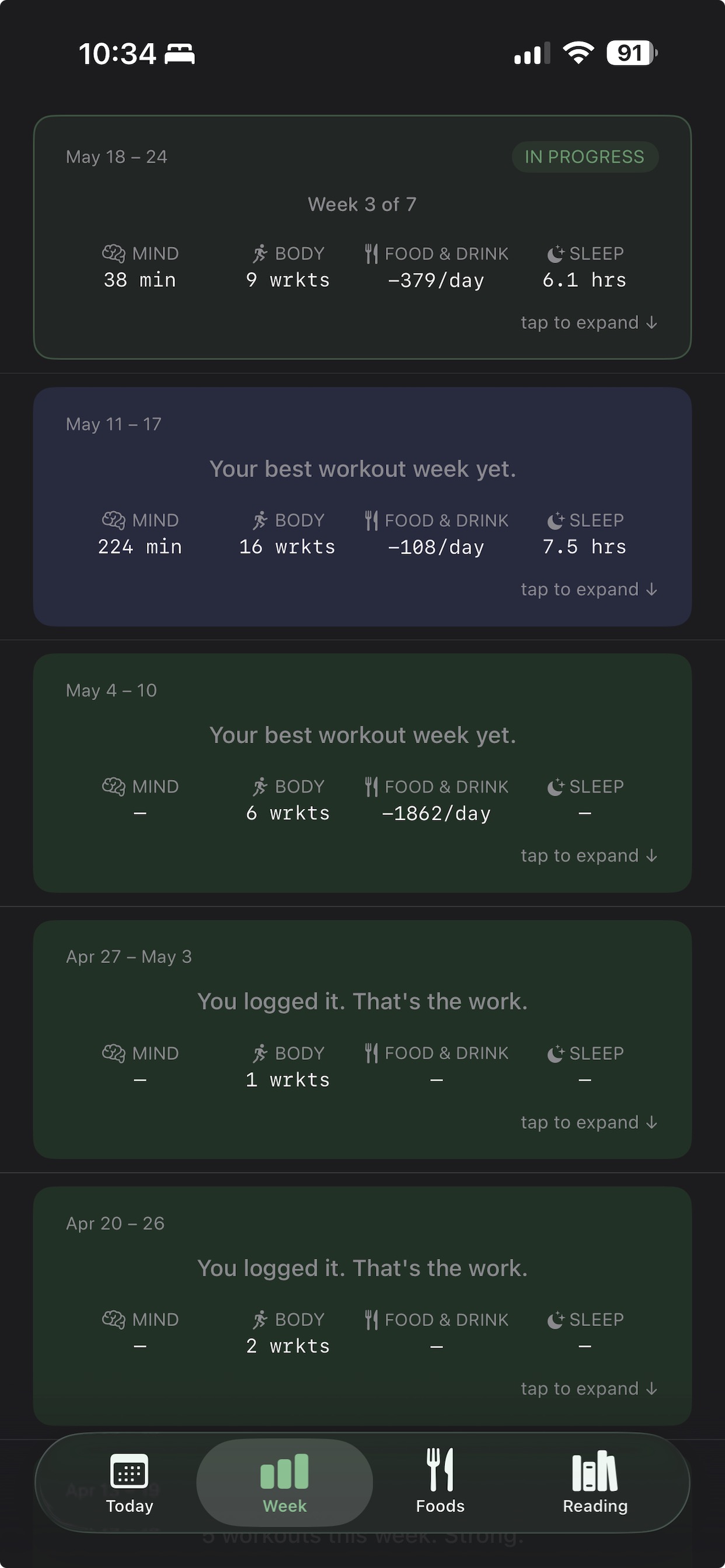 Weekly body insights review screen